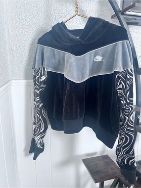 Nike Black & Gray Velour Hoodie with Zebra-Print Sleeves